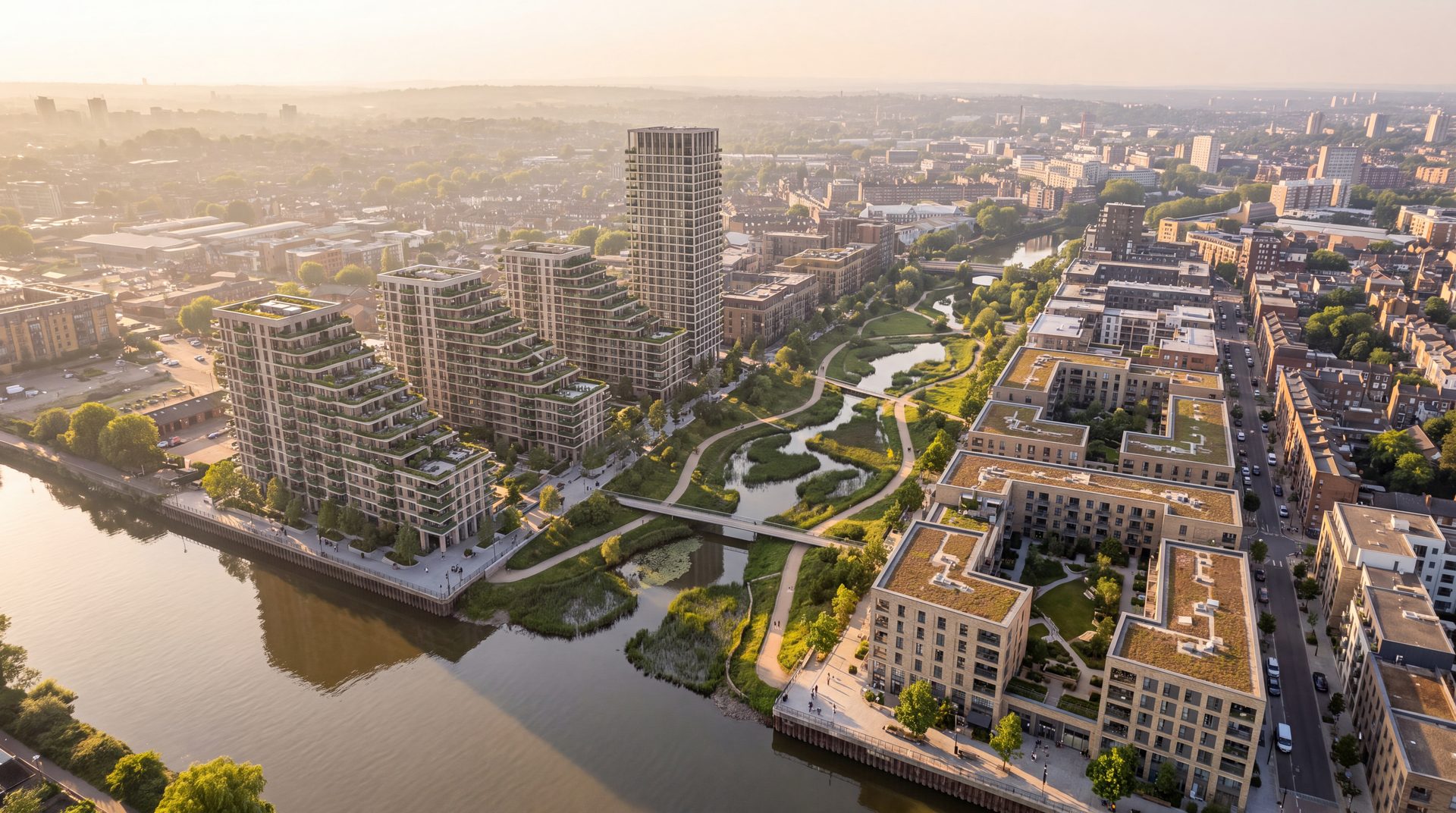 Riverside Masterplan — Aerial view — towers and linear park