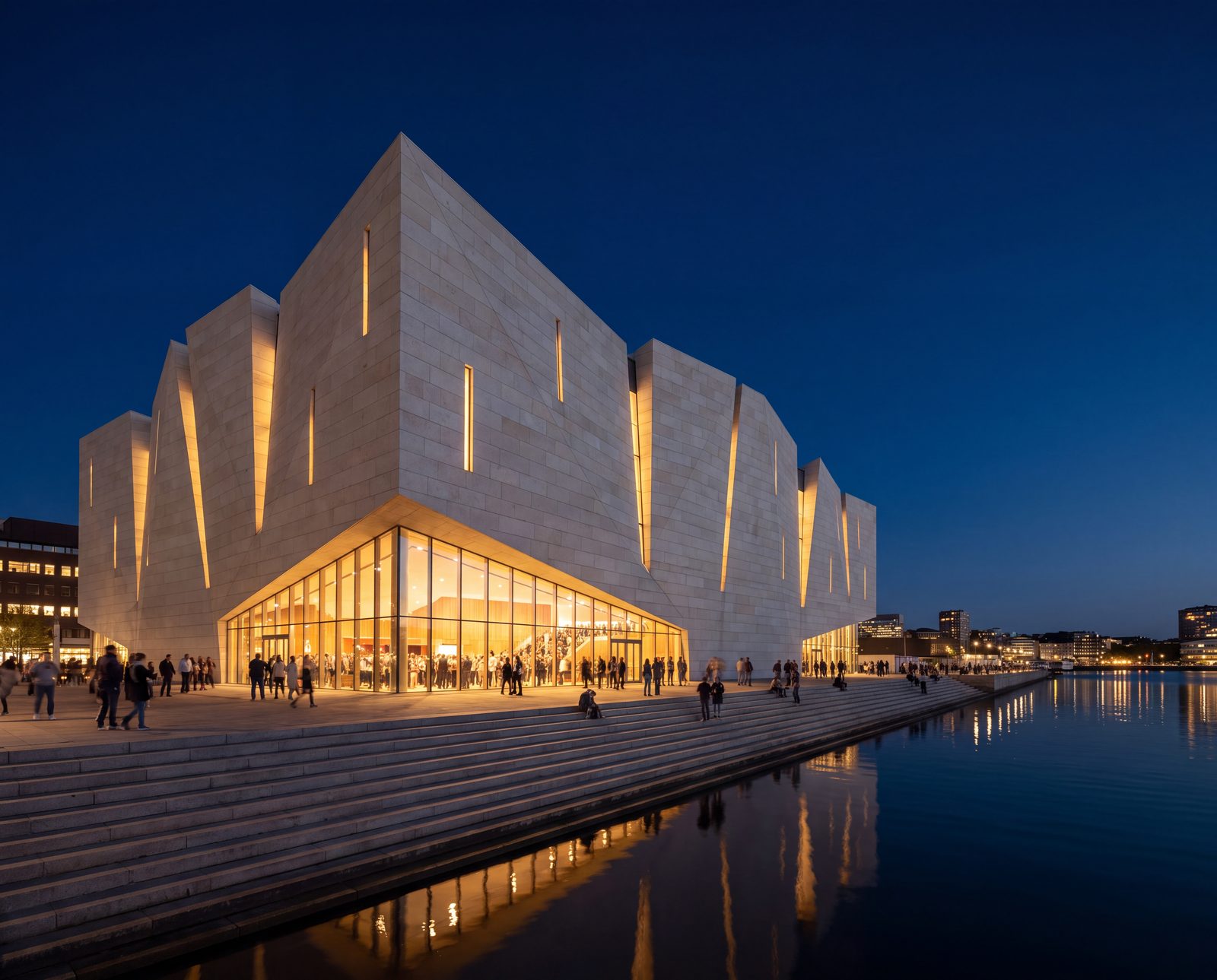 A faceted limestone volume on the harbour edge, cut by narrow slots of warm light above a glowing glass foyer