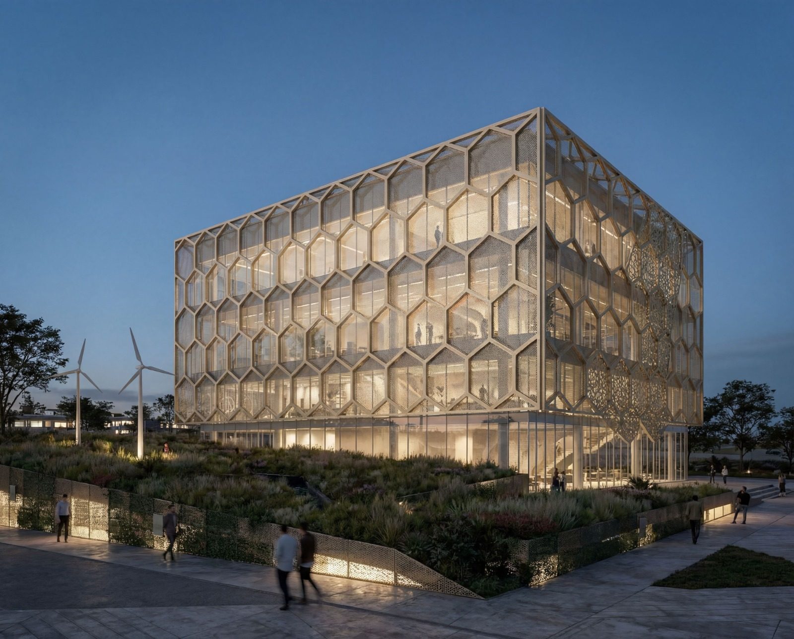 Blue-hour capture of the hexagonal timber-and-glass facade