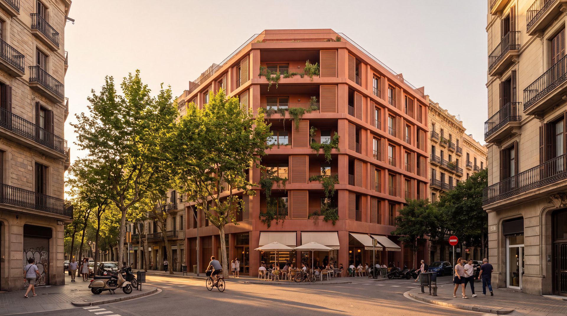 Seven storeys of deep terracotta-framed loggias with sliding timber shutters on a chamfered Eixample corner, shops and a cafe terrace at street level, late-afternoon sun on the facade