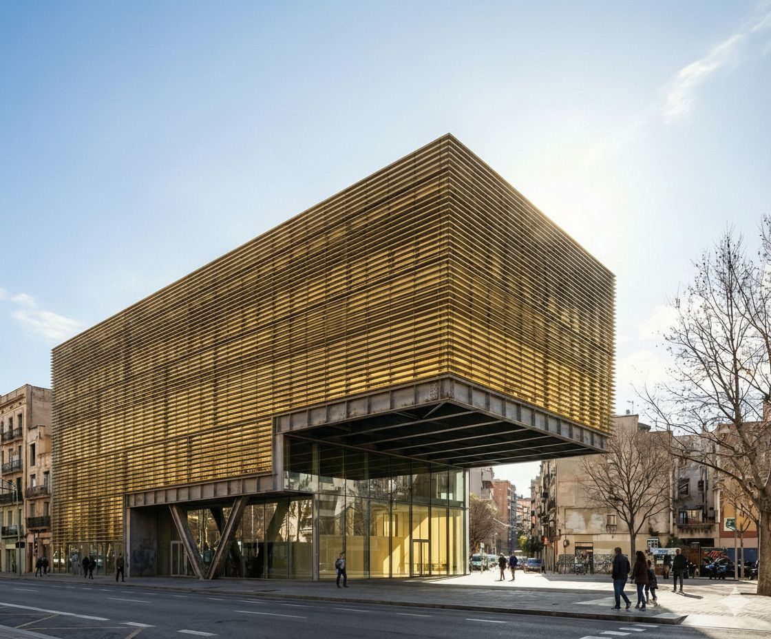 The golden aluminium louvre skin wraps the building volume, filtering daylight into warm ripples and asserting a bold civic presence in the dense Barcelona fabric
