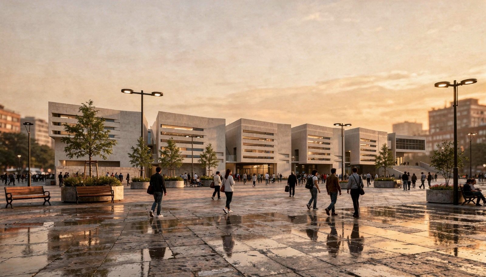 Civic Complex — Plaza cívica — tras la lluvia, al anochecer