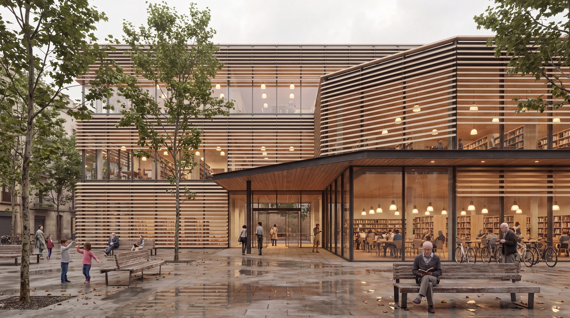 District Library — Louvred facade — overcast light