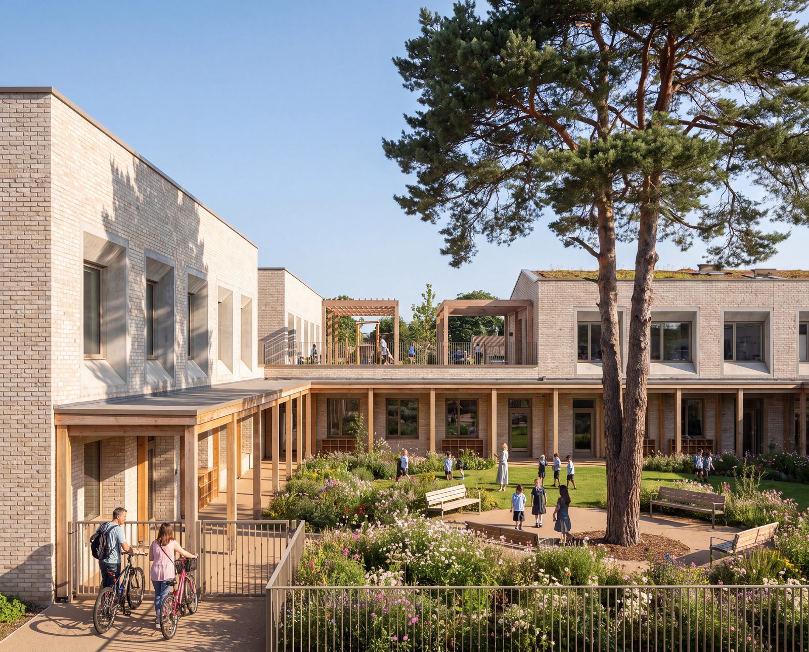 Low pavilions in pale handmade brick with deep concrete reveals, linked by covered walkways around a planted courtyard and a mature pine
