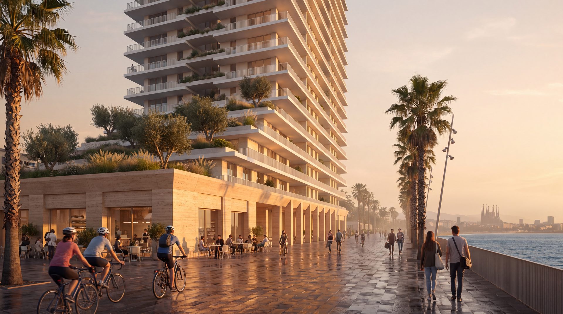 Forty storeys of staggered, planted terraces above a travertine colonnade on the waterfront