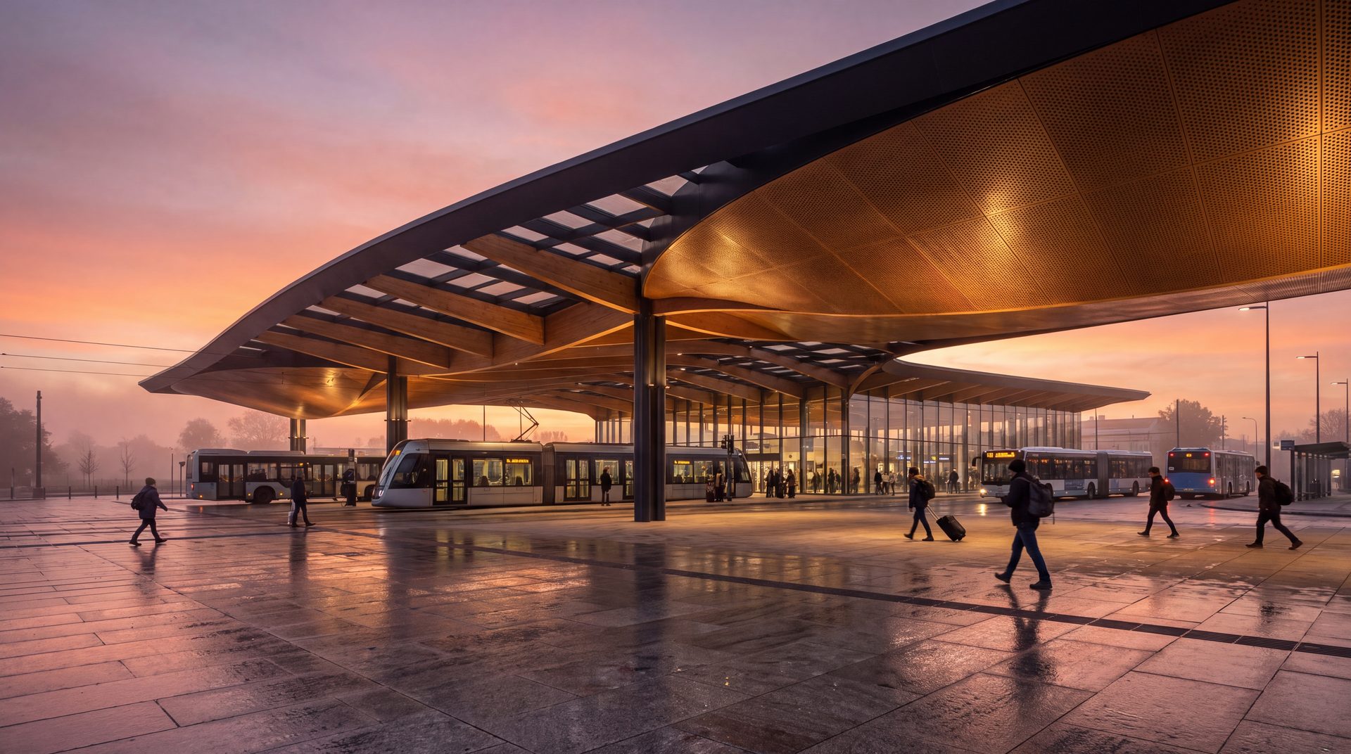 A sweeping timber-and-steel roof shelters the tram and bus forecourt; its perforated bronze soffit glows at sunset and reflects in the wet granite below